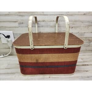 Vintage Red White Blue REDMON Woven Picnic Basket PATRIOTIC Americana Metal Hand